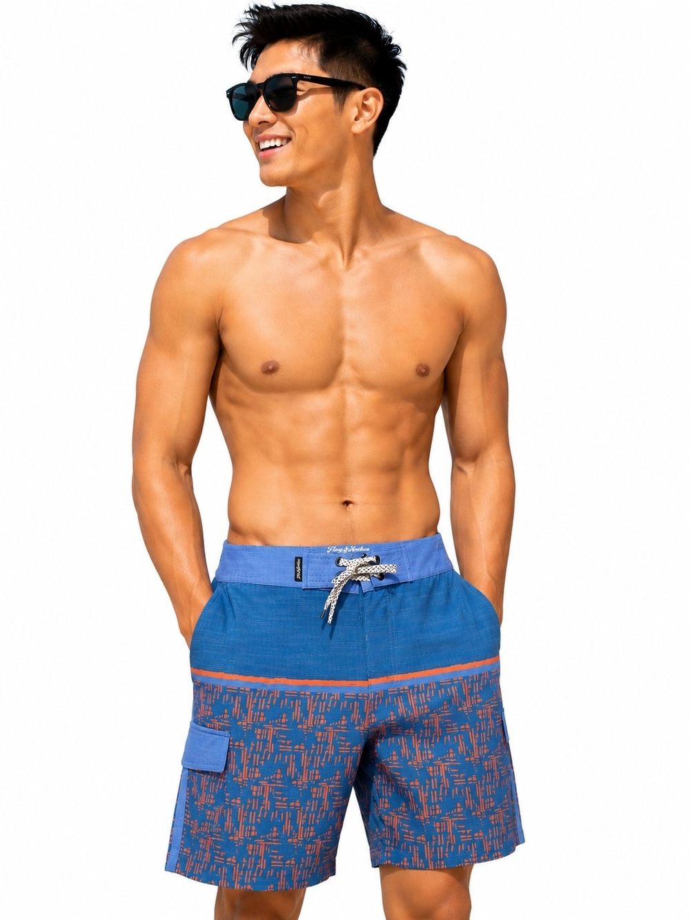 FLAG & ANTHEM Men's Blue Patterned Board Shorts with Orange Accents SIZE 30-M NW